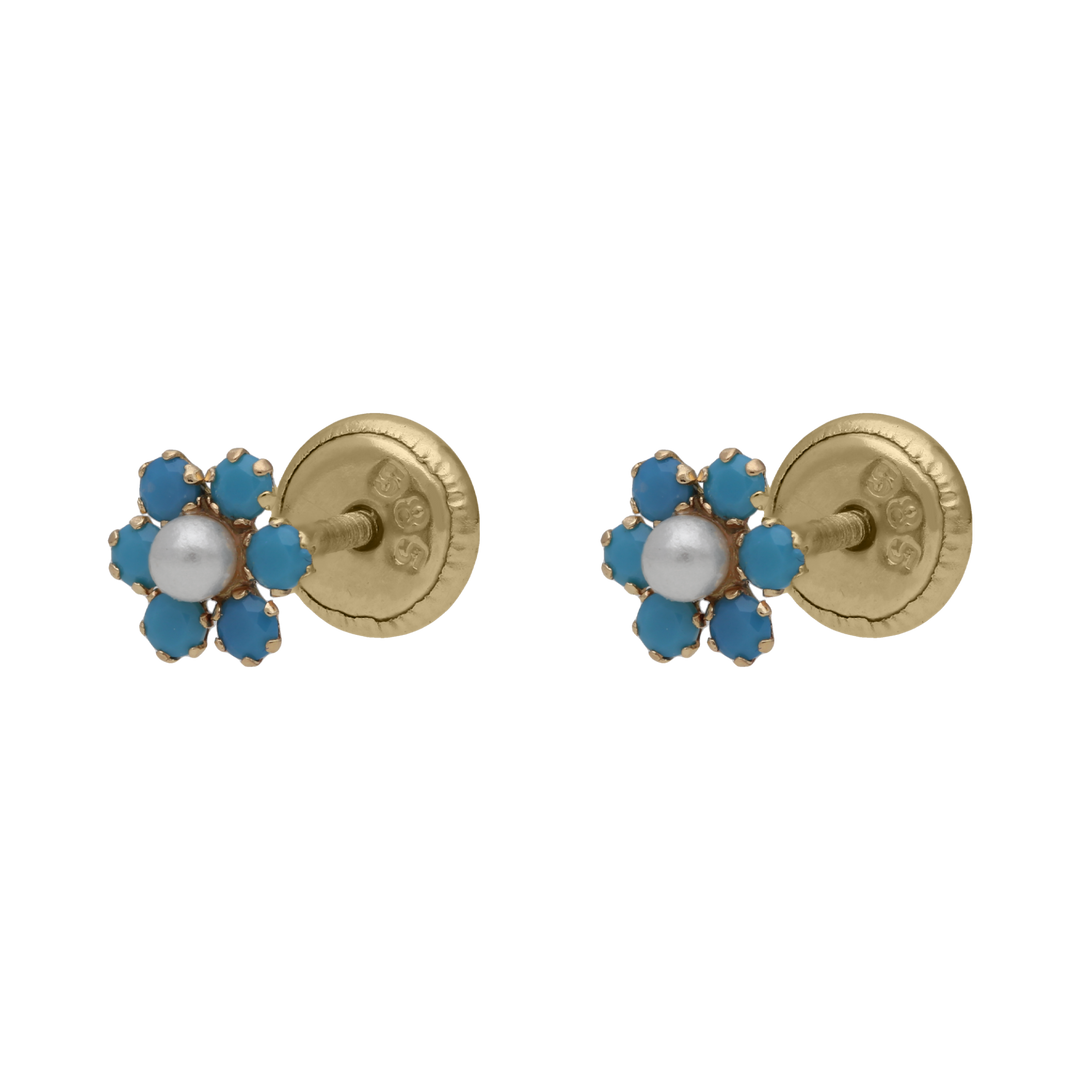 Broquel flor piedras/ perla 14K