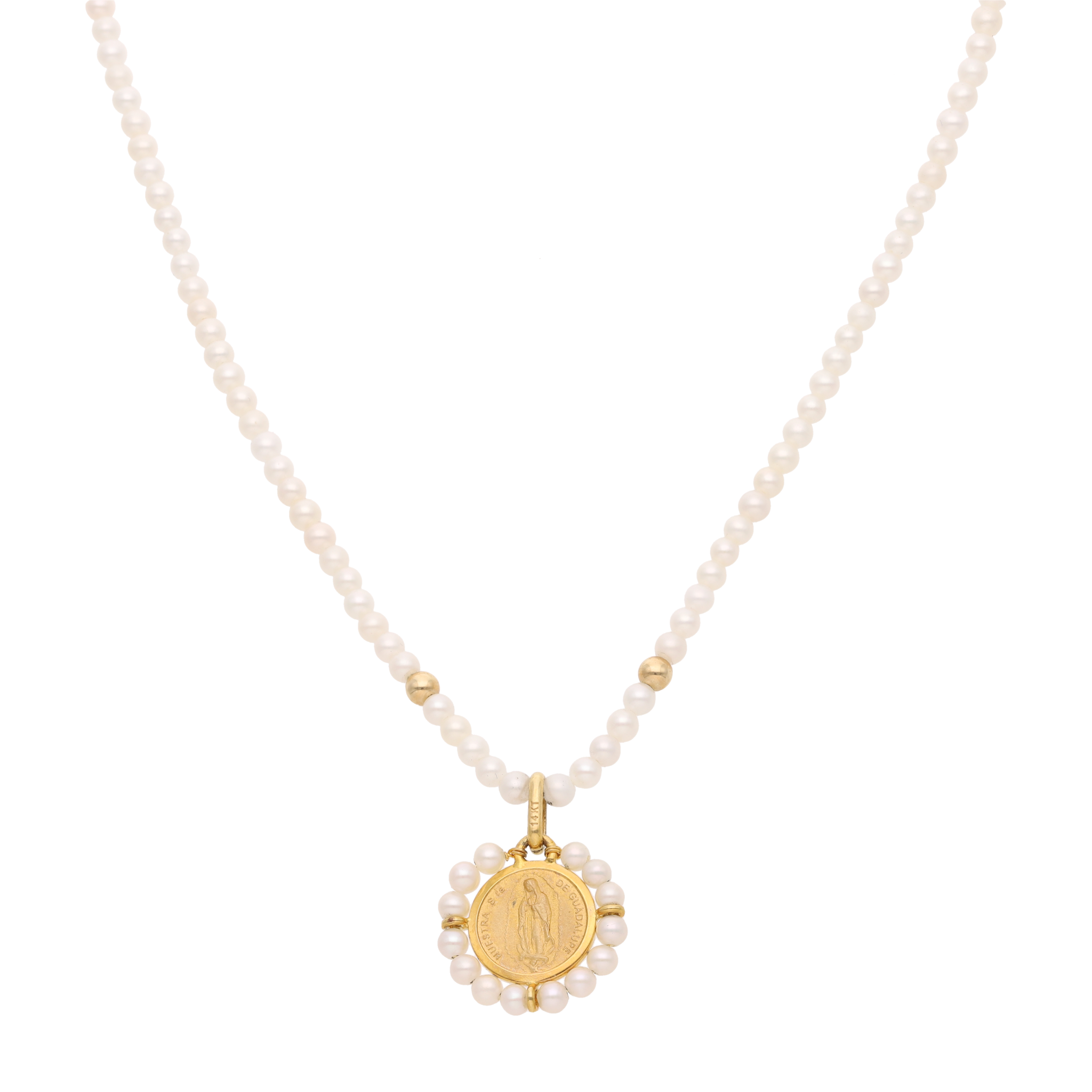 Collar hilo perlas medalla Guadalupe 14K
