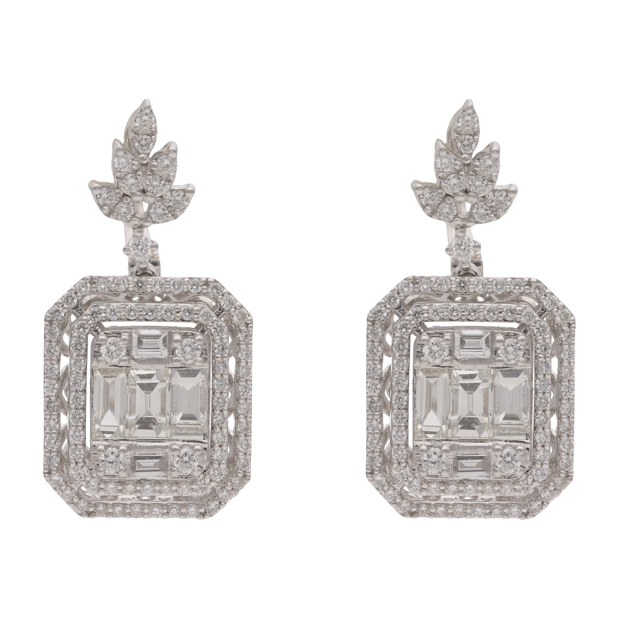Aretes largos baguettes y brillantes 14K