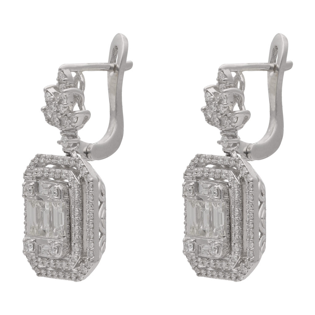 Aretes largos baguettes y brillantes 14K
