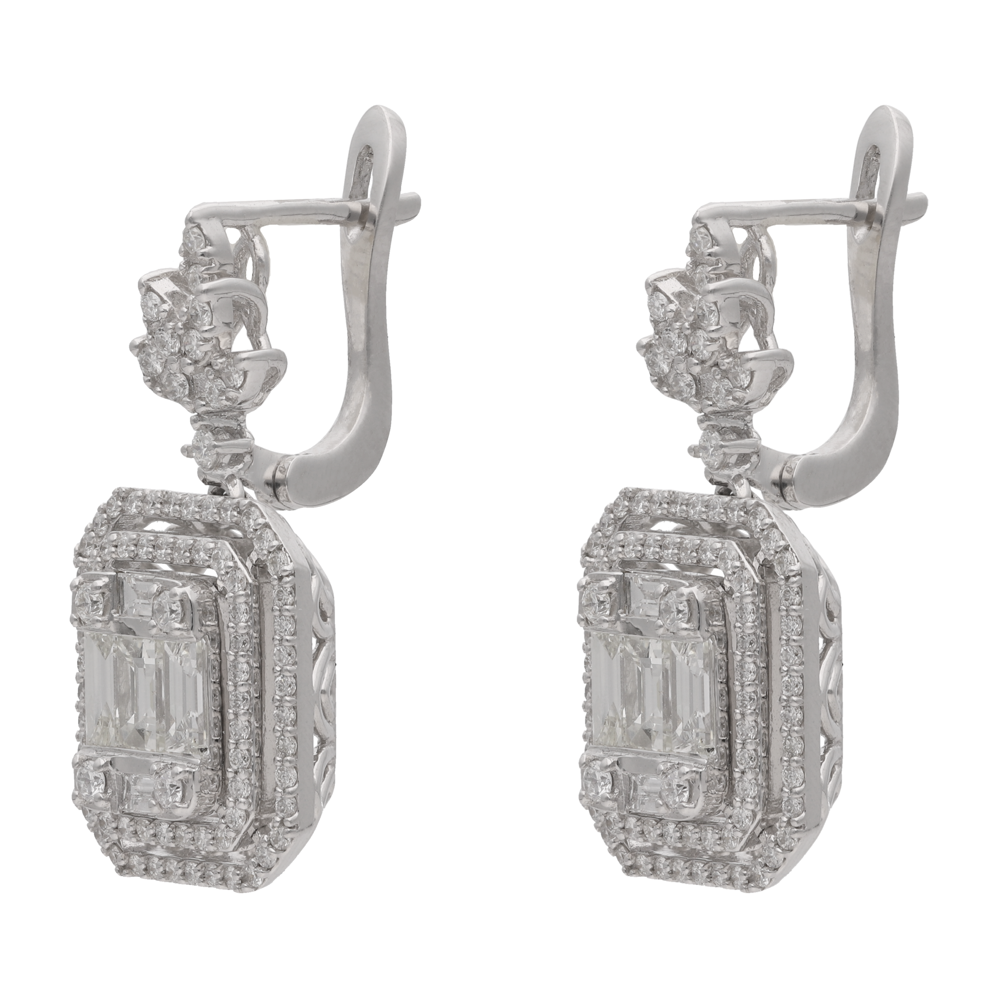 Aretes largos baguettes y brillantes 14K