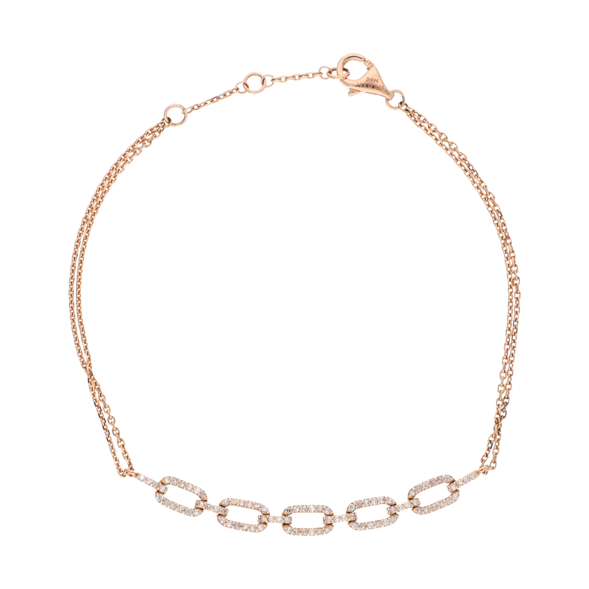 Pulsera doble cadena eslabones brillantes oro rosa 14K