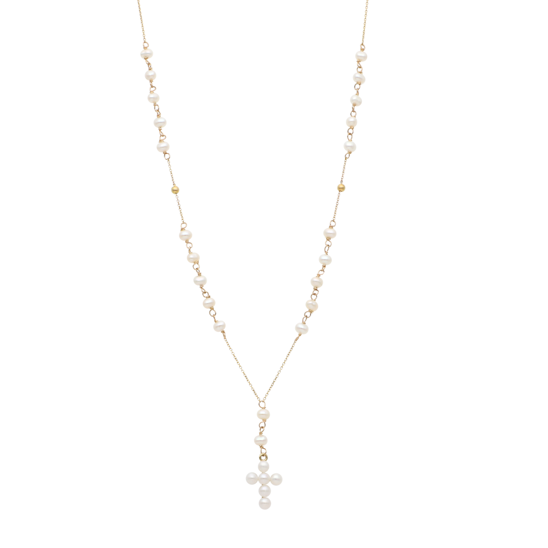 Collar largo tipo rosario perlas 14K