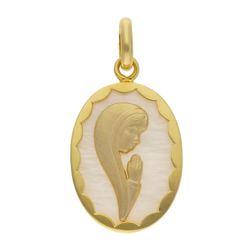 Medalla oval Madonna madre perla 14K