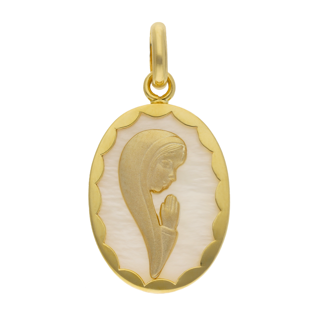 Medalla oval Madonna madre perla 14K