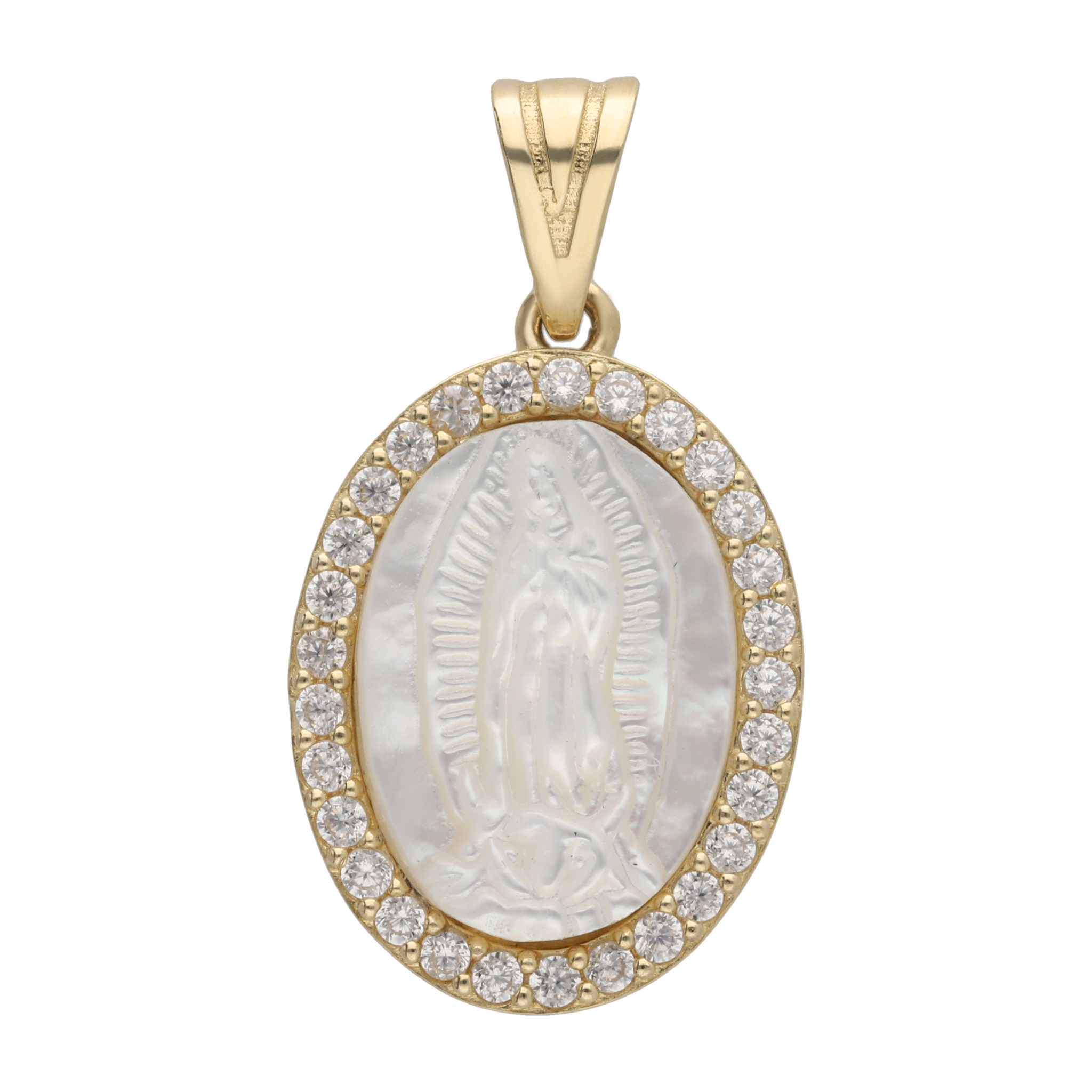 Medalla oval madre perla bisel circonias 14K