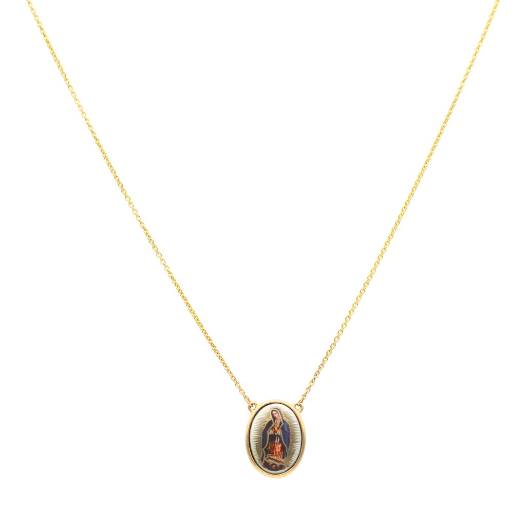 Collar medalla oval porcelana Guadalupe 14K