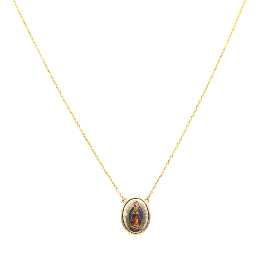 Collar medalla oval porcelana Guadalupe 14K