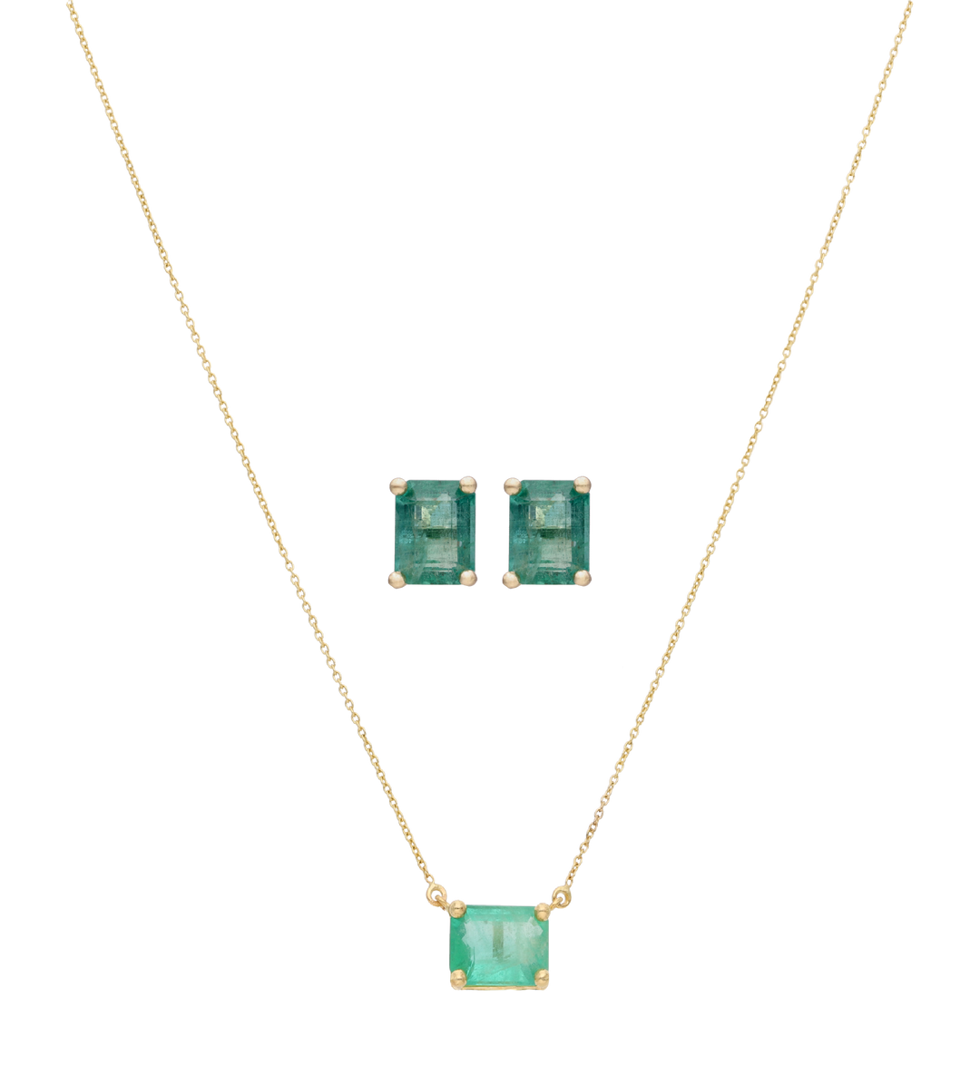 Set collar y broquel rubí/esmeralda 14K