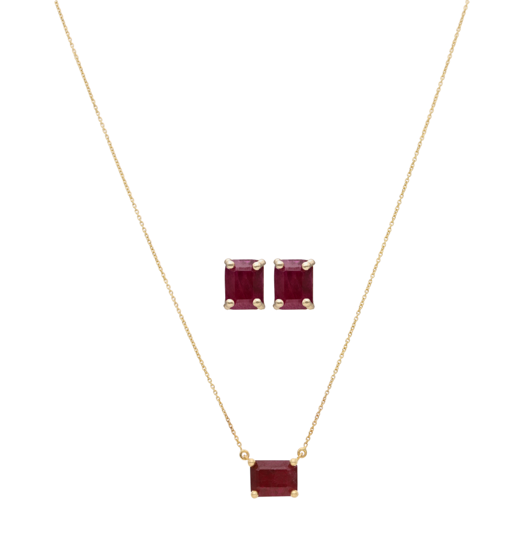 Set collar y broquel rubí/esmeralda 14K