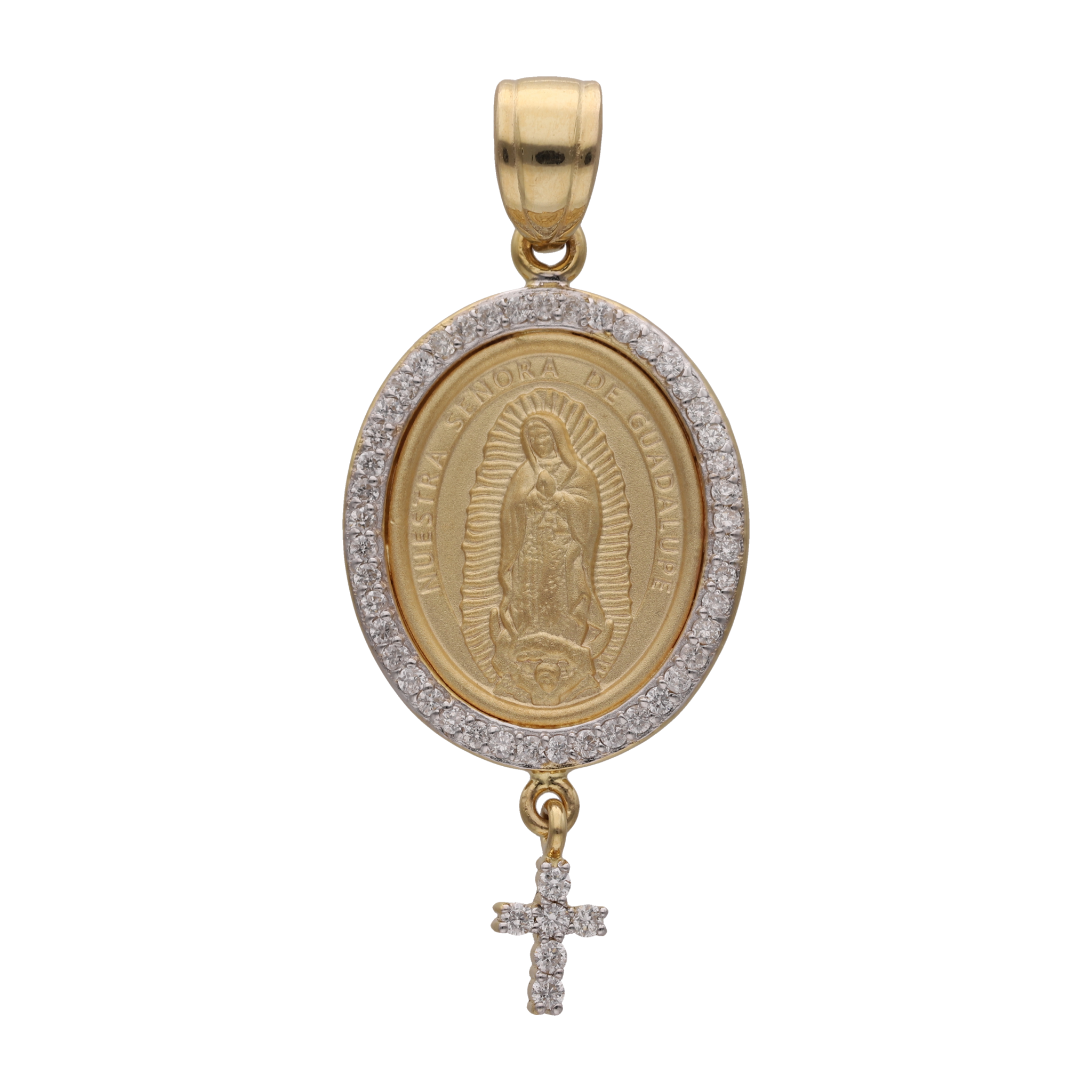 Medalla oval Guadalupe  cruz mini diamantes 14K