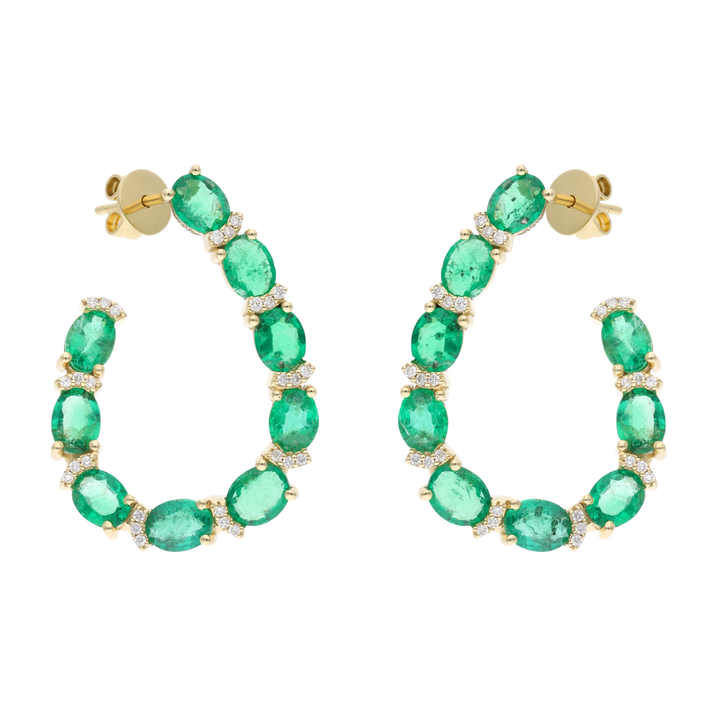 Aretes media luna esmeraldas oval y brillantes 14K