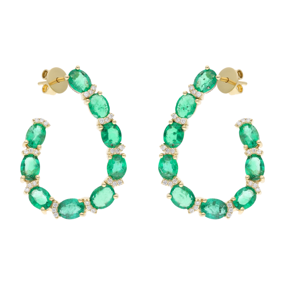 Aretes media luna esmeraldas oval y brillantes 14K
