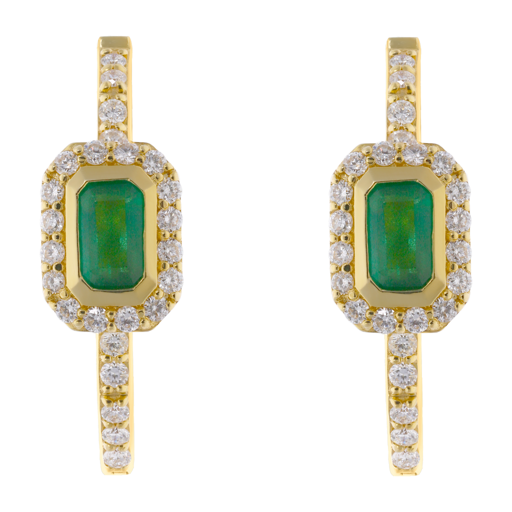 Arracadas esmeralda bisel liso y brillantes 14K