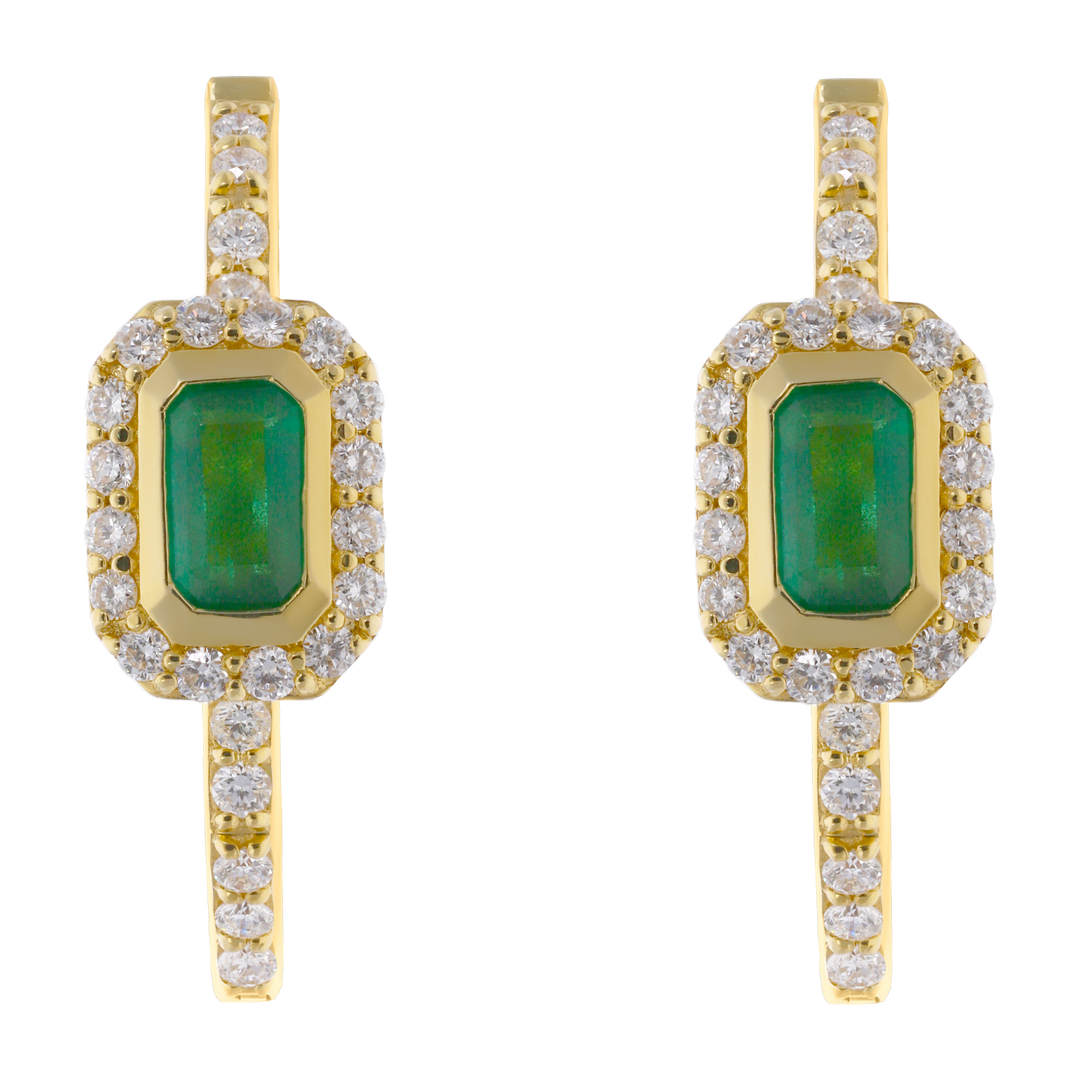 Arracadas esmeralda bisel liso y brillantes 14K