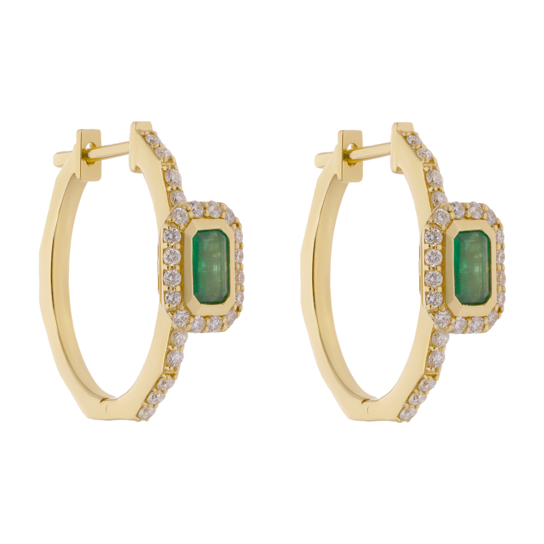 Arracadas esmeralda bisel liso y brillantes 14K
