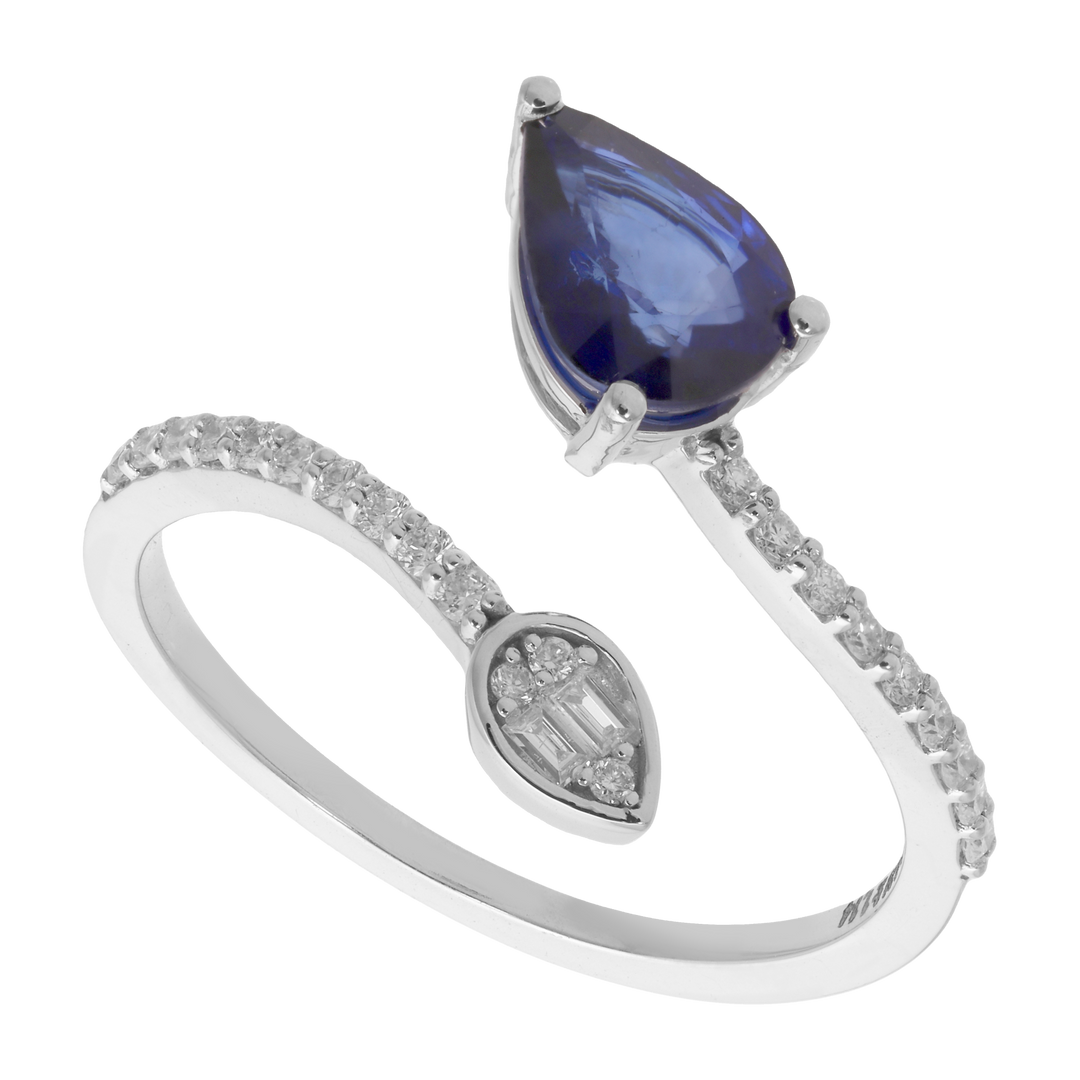 Anillo "tu y yo" zafiro gota y diamantes 14K