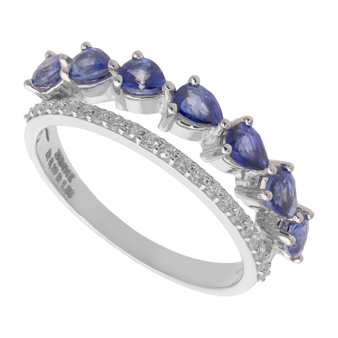 Anillo 2 líneas zafiros gota y brillantes 14K