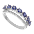 Anillo 2 líneas zafiros gota y brillantes 14K