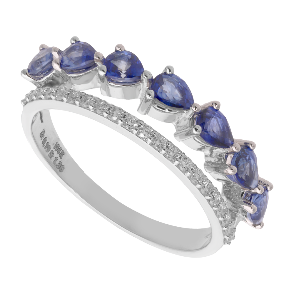 Anillo 2 líneas zafiros gota y brillantes 14K