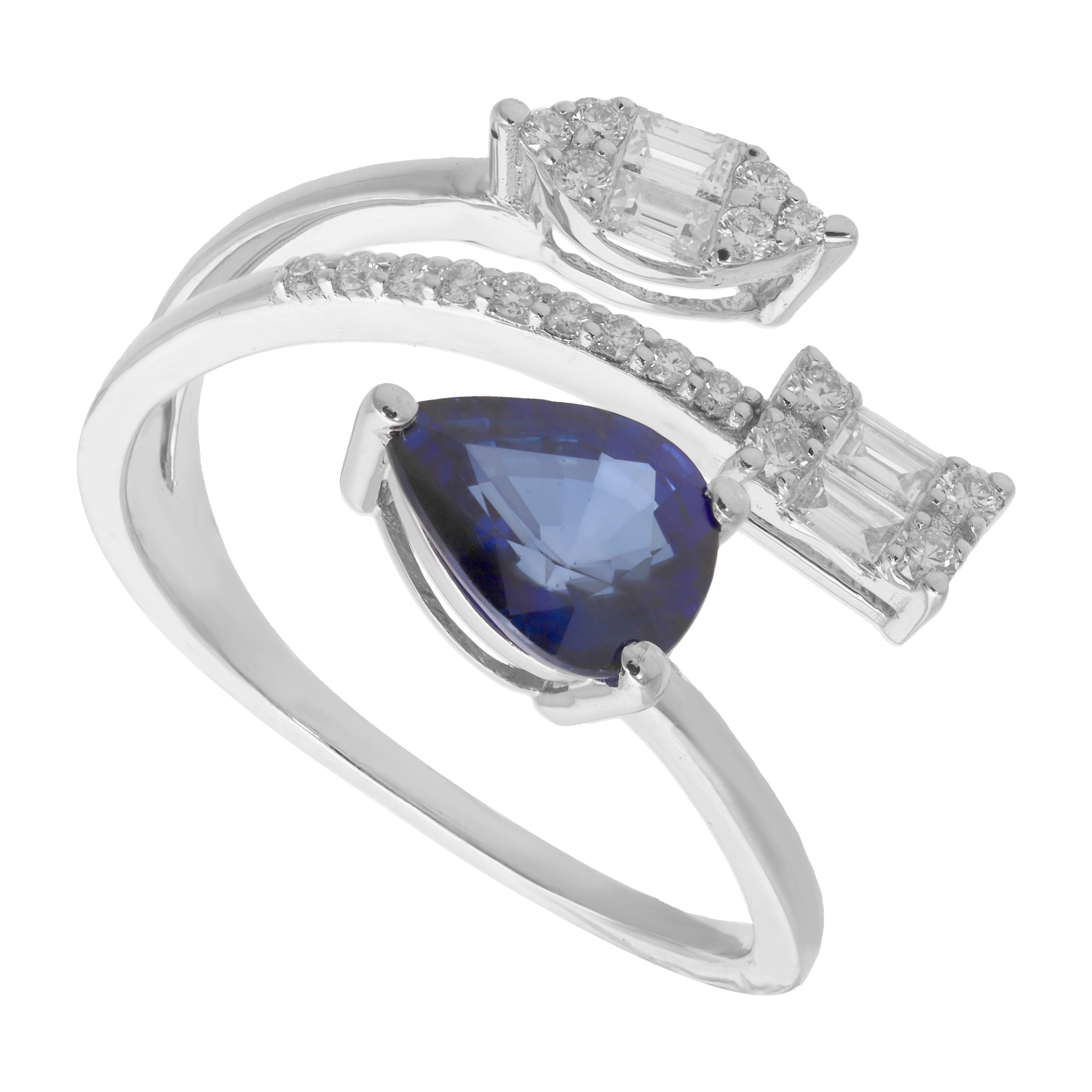 Anillo 3 líneas zafiro gota y diamantes 14K