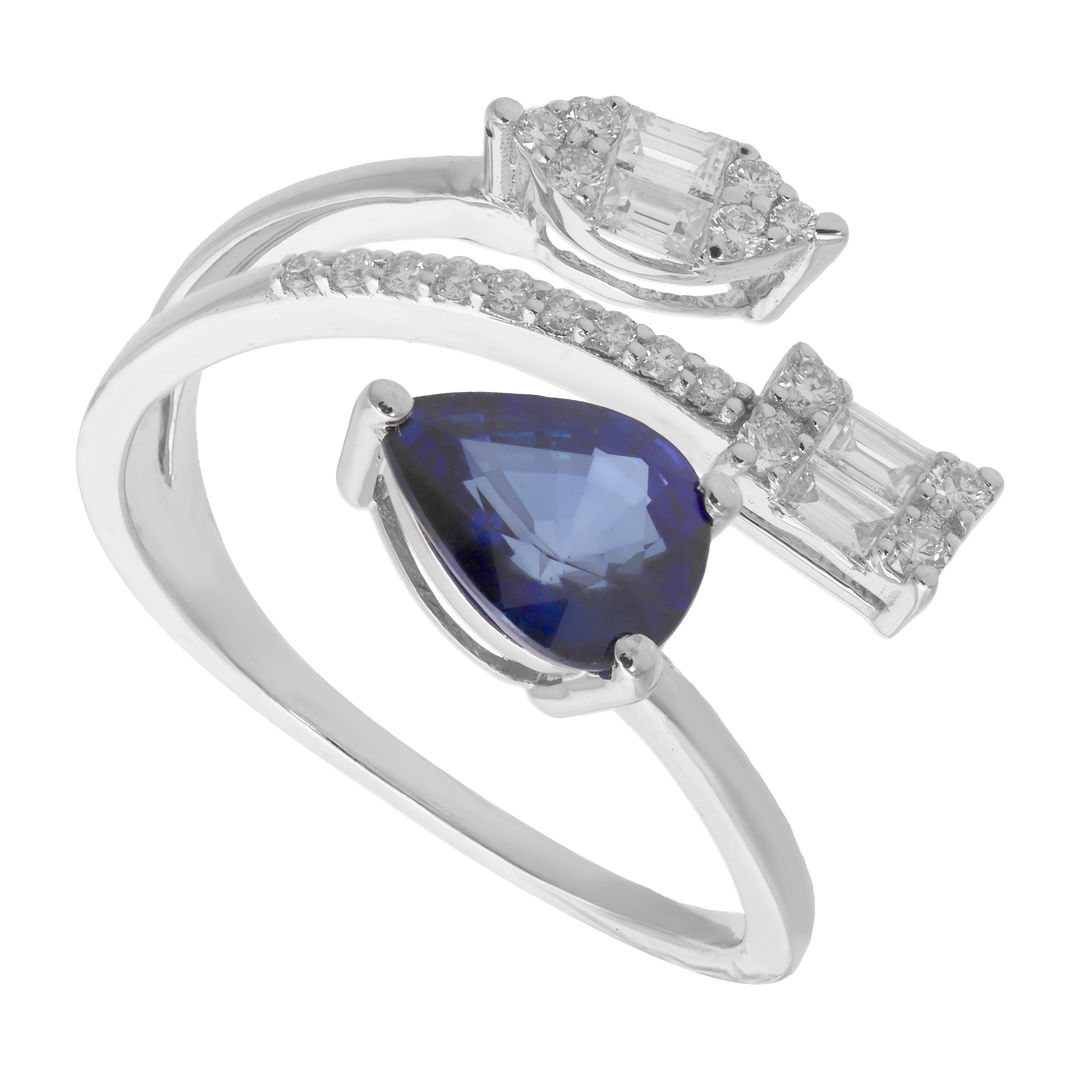 Anillo 3 líneas zafiro gota y diamantes 14K