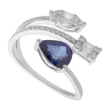 Anillo 3 líneas zafiro gota y diamantes 14K