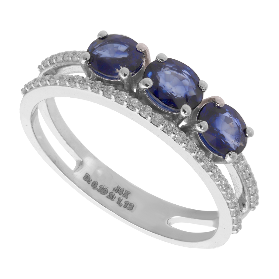 Anillo 2 líneas tres zafiros oval y brillantes 14K