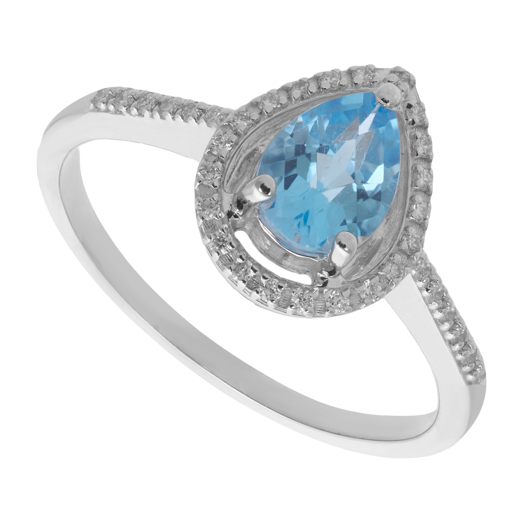Anillo topacio azul gota y brillantes 14K