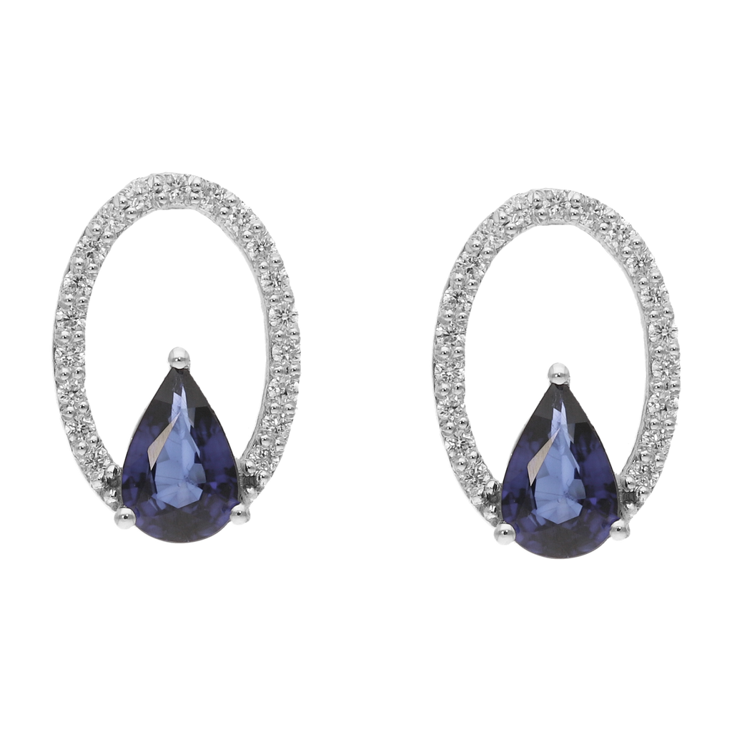 Aretes bisel hueco zafiro gota y brillantes 14K