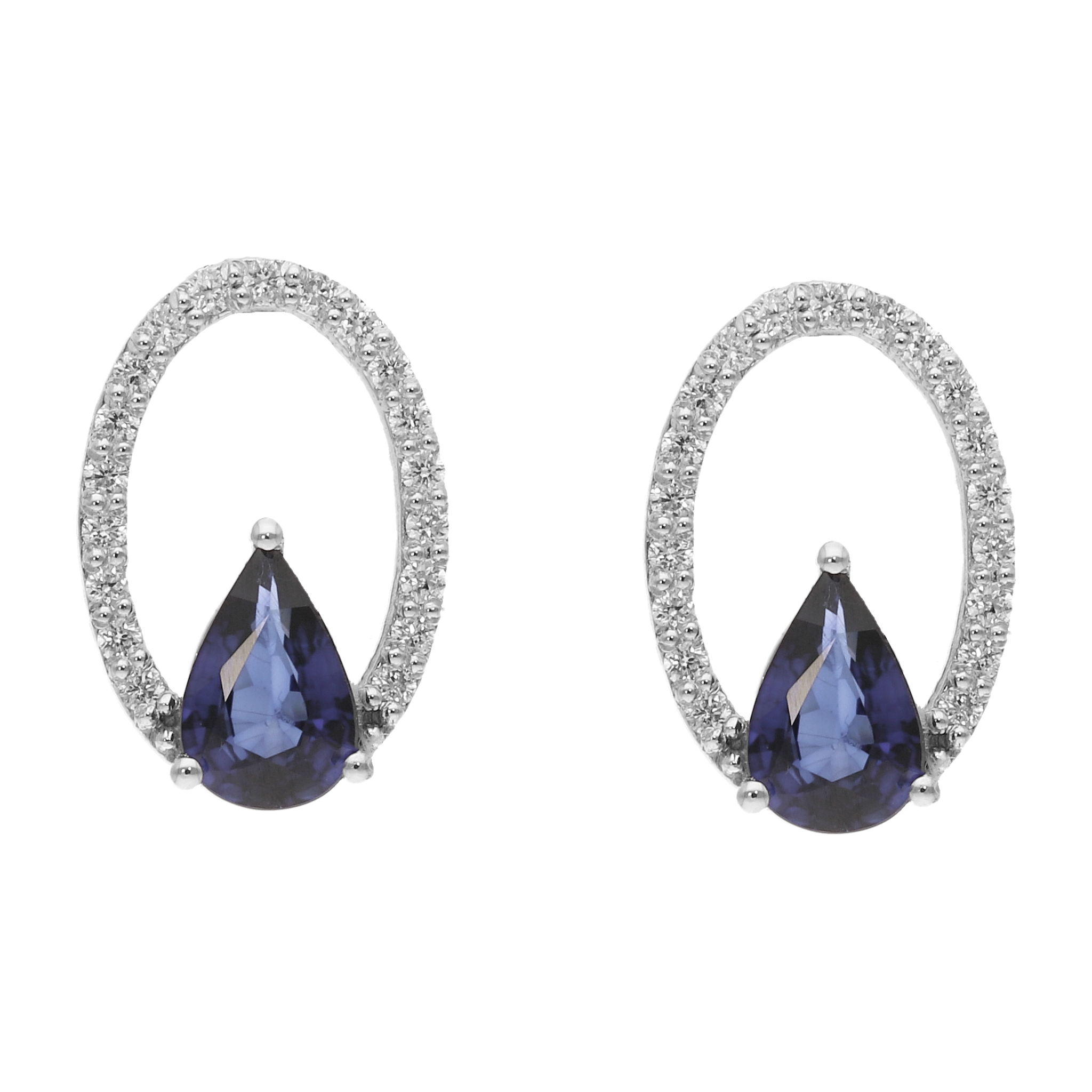 Aretes bisel hueco zafiro gota y brillantes 14K