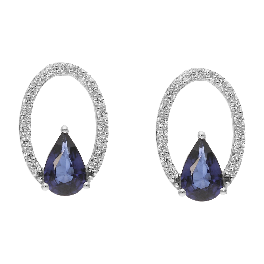 Aretes bisel hueco zafiro gota y brillantes 14K