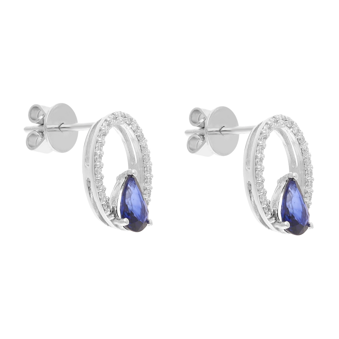 Aretes bisel hueco zafiro gota y brillantes 14K