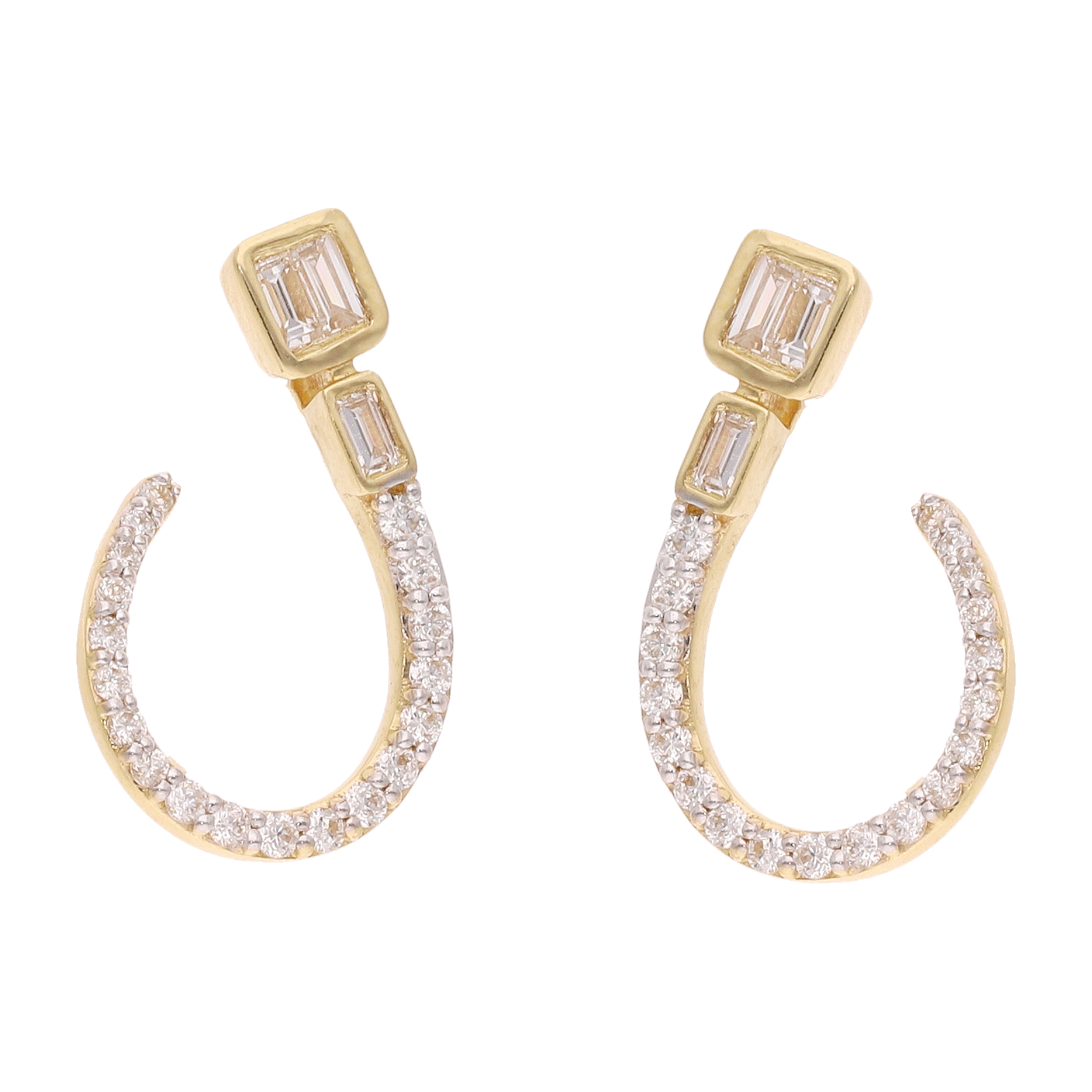 Aretes media luna baguettes y brillantes 14K