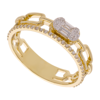 Anillo eslabón clip baguettes y brillantes 14K