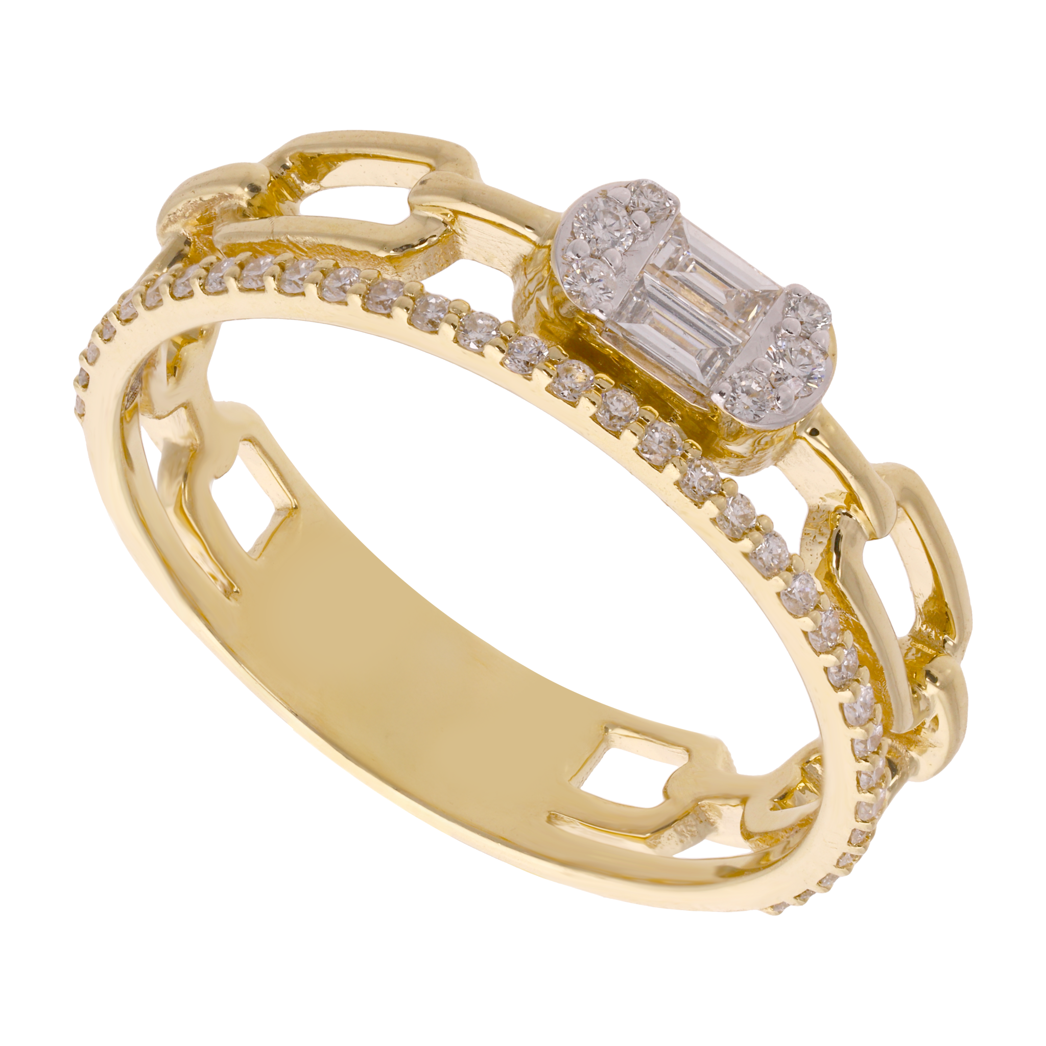 Anillo eslabón clip baguettes y brillantes 14K
