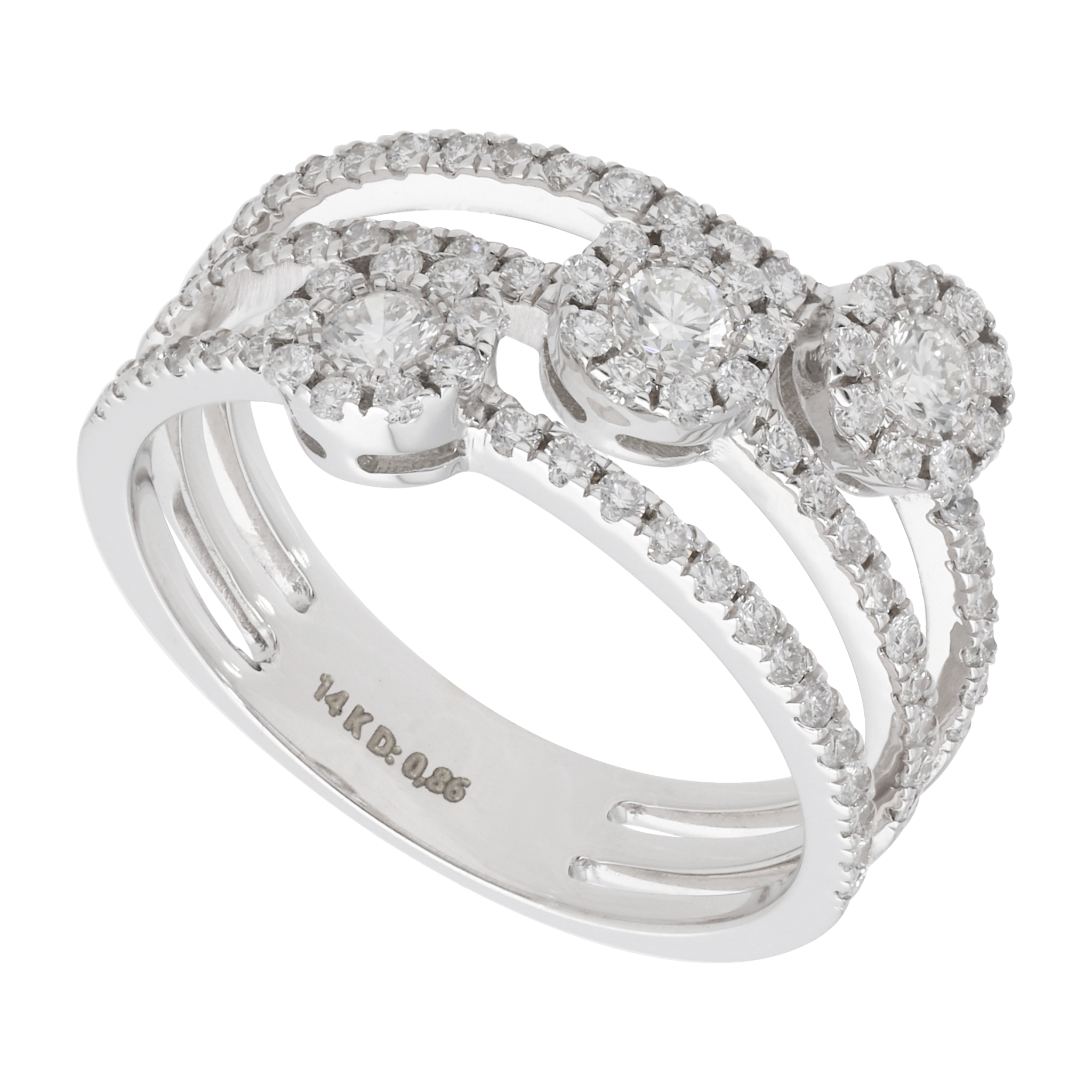 Anillo 3 líneas flor brillantes oro blanco 14K