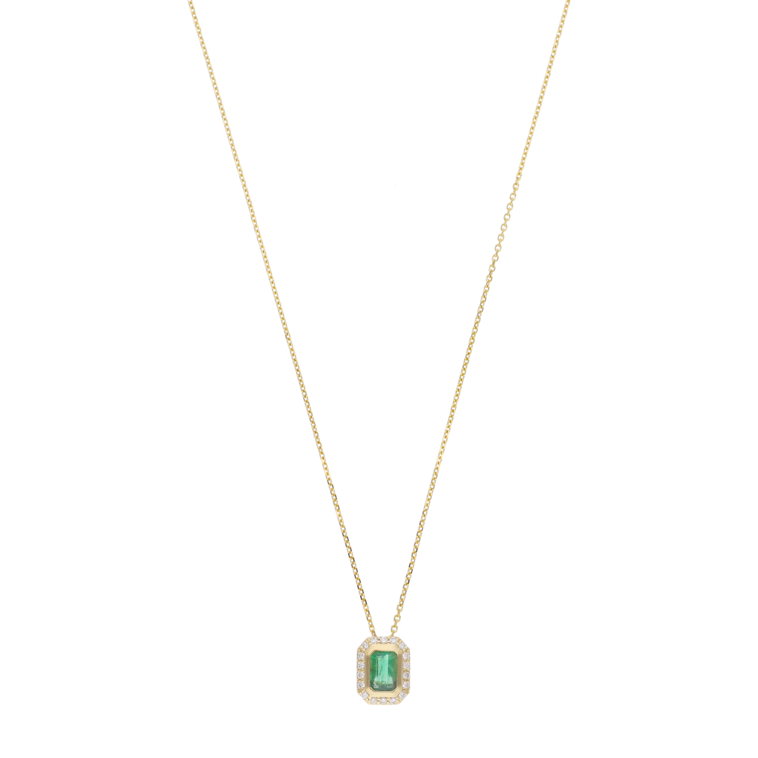 Collar esmeralda bisel liso y brillantes 14K