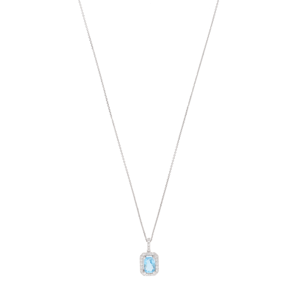 Collar topacio azul y brillantes oro blanco 14K