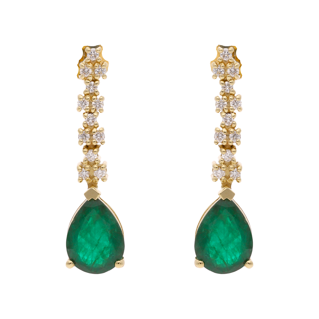 Aretes largos esmeralda pera y brillantes 14K