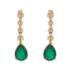 Aretes largos esmeralda pera y brillantes 14K