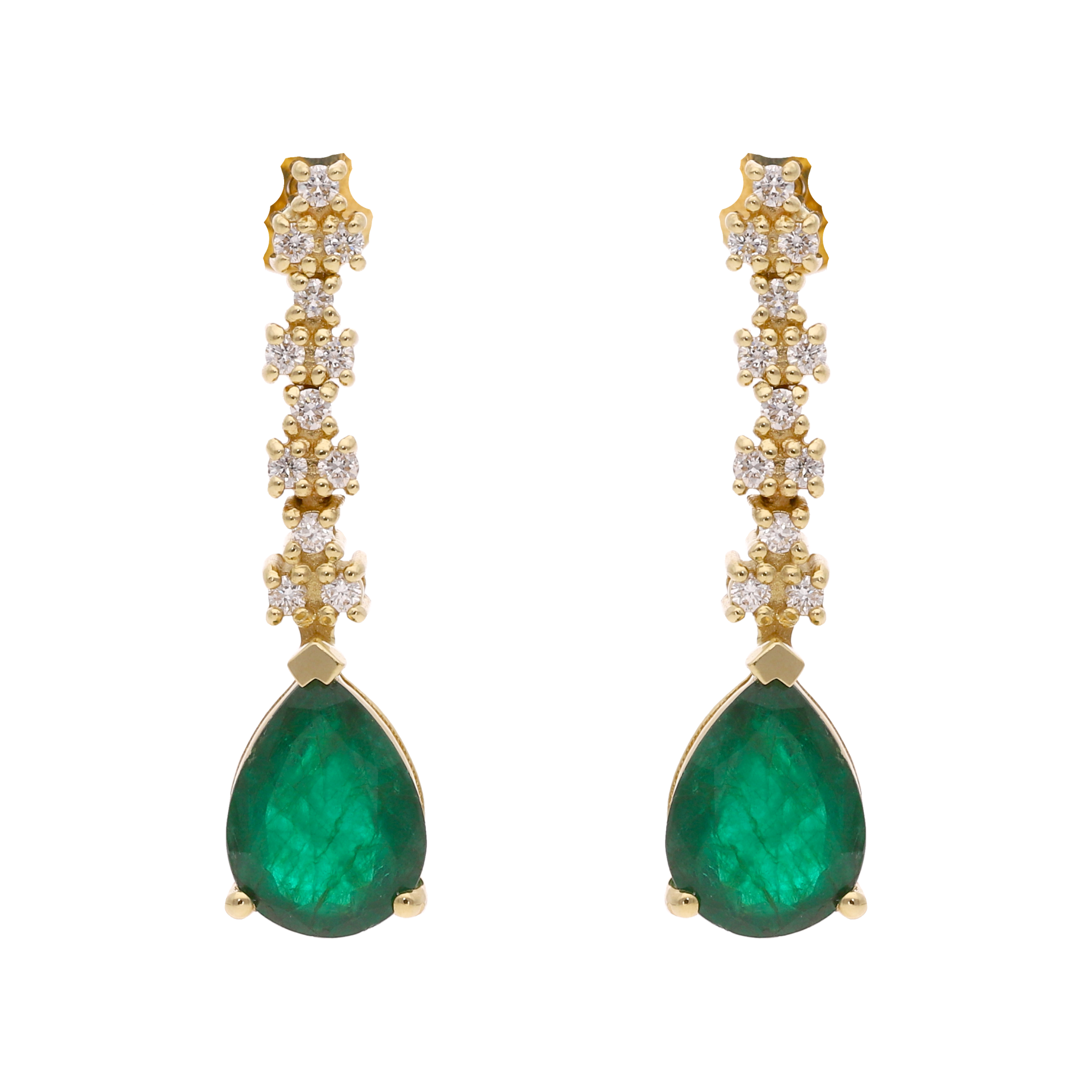 Aretes largos esmeralda pera y brillantes 14K