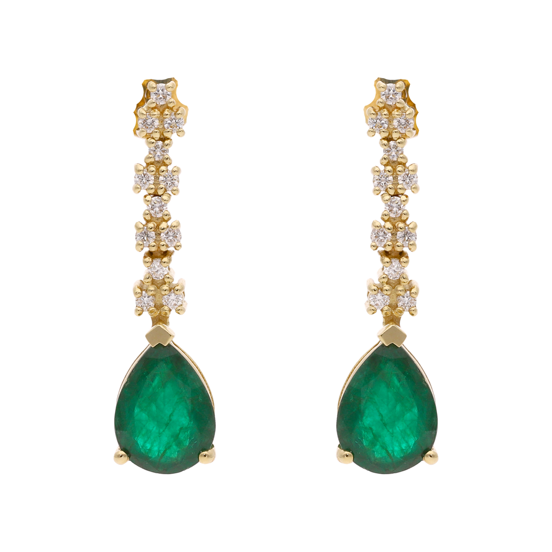 Aretes largos esmeralda pera y brillantes 14K