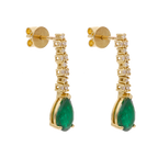 Aretes largos esmeralda pera y brillantes 14K