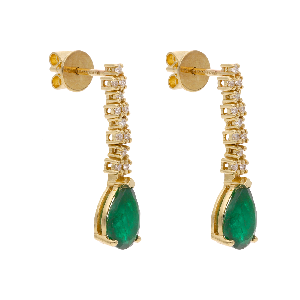 Aretes largos esmeralda pera y brillantes 14K