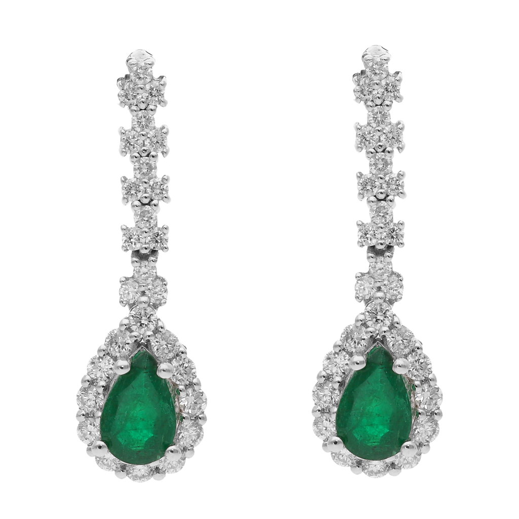 Aretes largos esmeralda pera y brillantes 14K