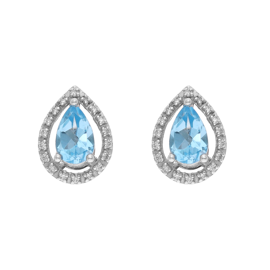 Broquel topacio azul gota y brillantes 14K