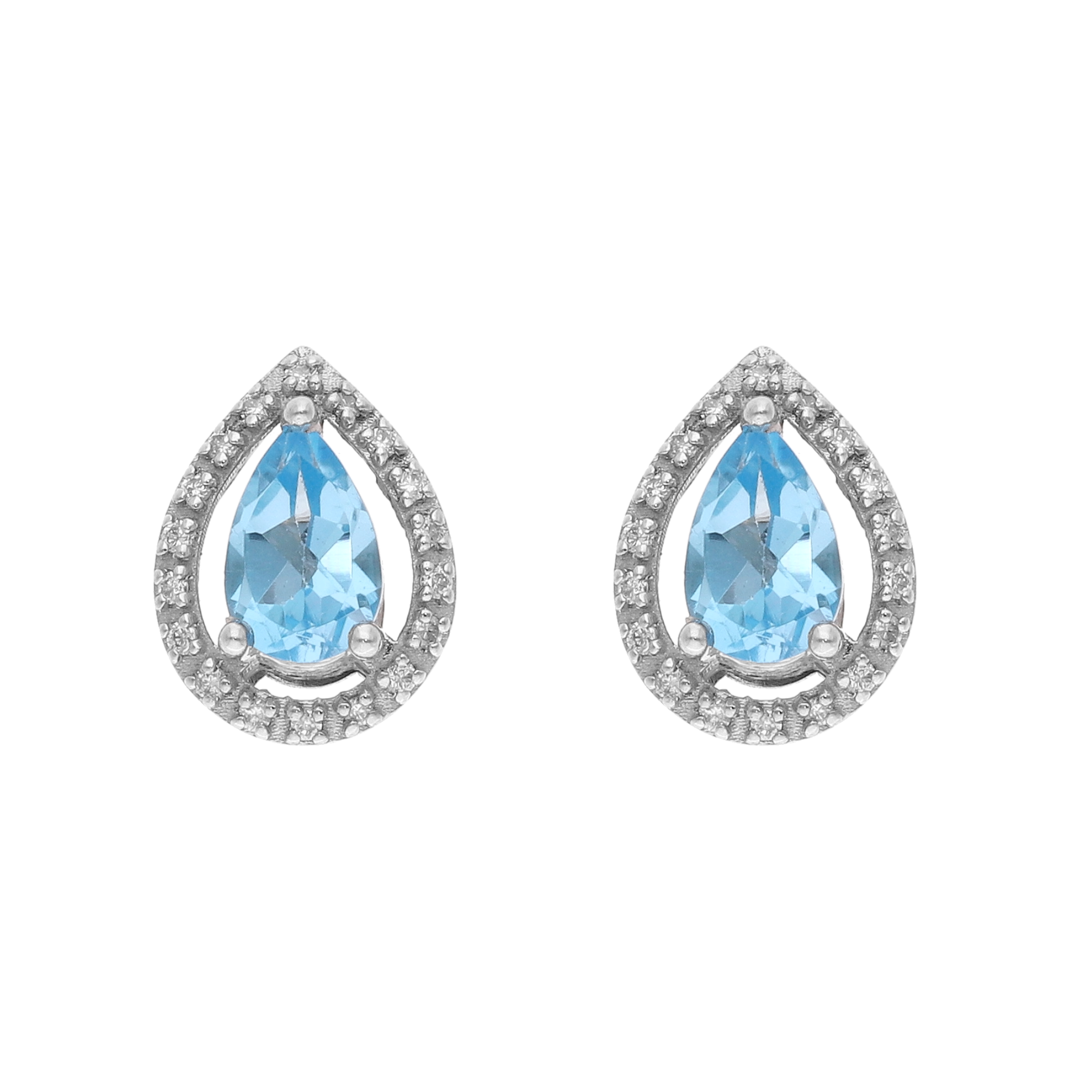Broquel topacio azul gota y brillantes 14K