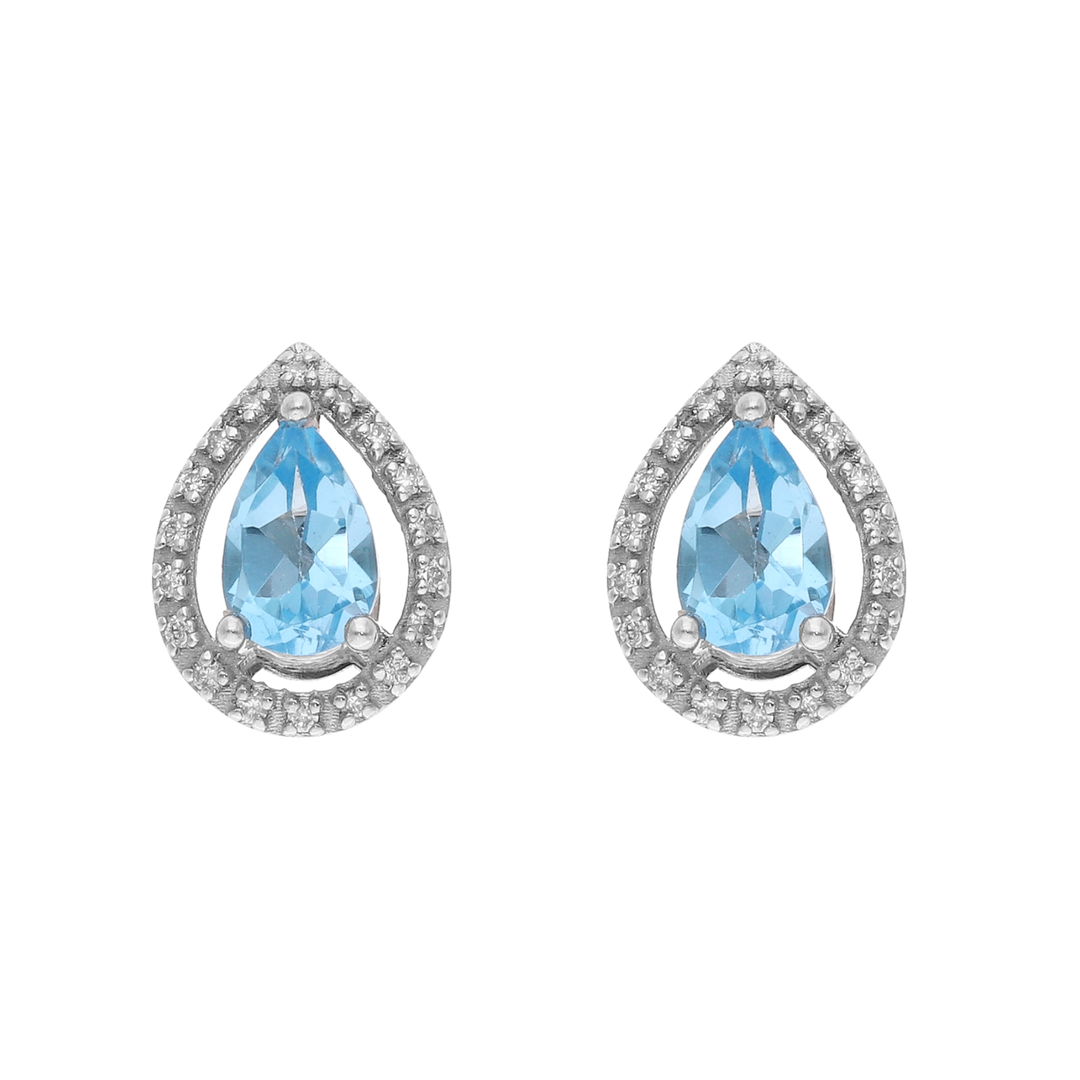 Broquel topacio azul gota y brillantes 14K