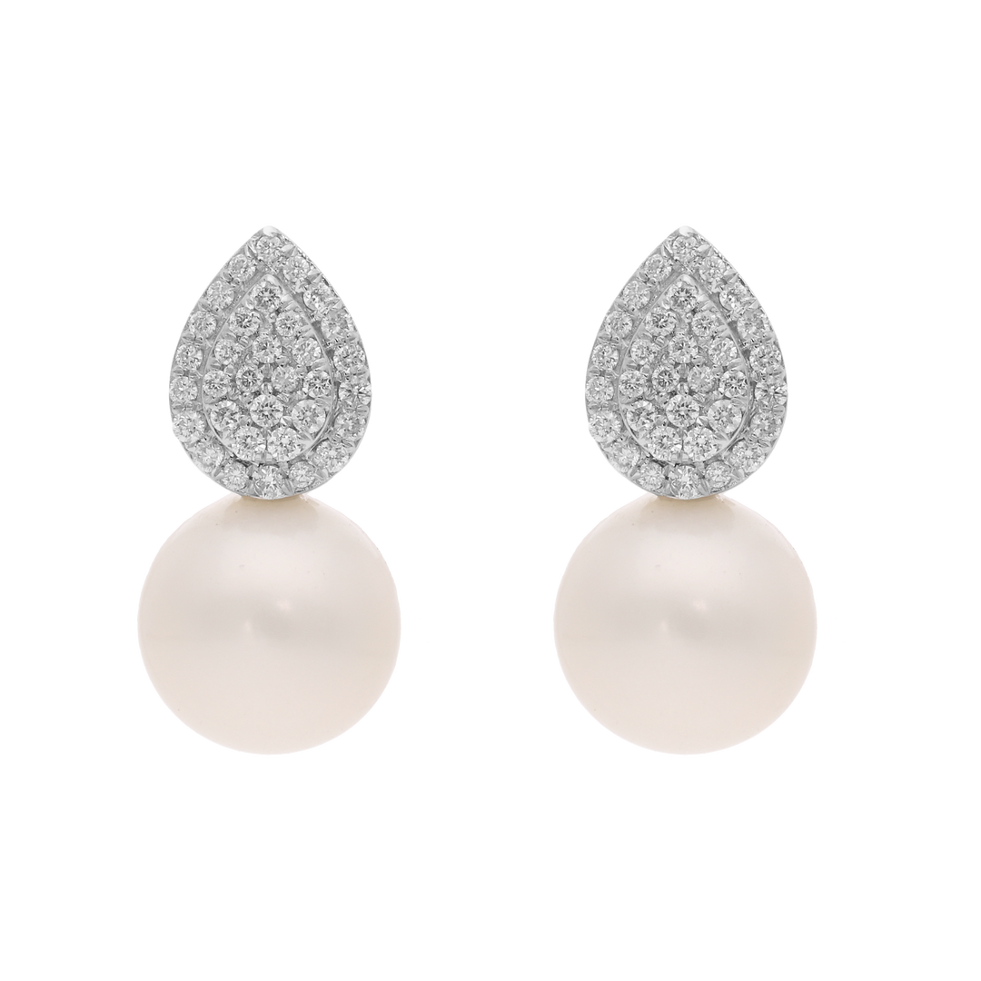 Aretes gota diamantes pave perla 14K